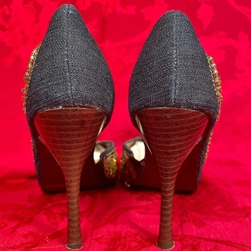 DENIM ANNE MICHELLE BEADED STACKED HEEL SIZE 6.5